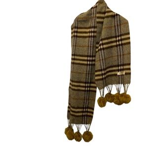 CASHMERE Olive chartreuse rabbit fur balls trim Nova Check Plaid Shawl Wrap FALL